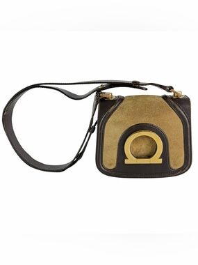 SALVATORE FERRAGAMO Gancini Tan Suede Brown Leather Shoulder Bag Made in Italy